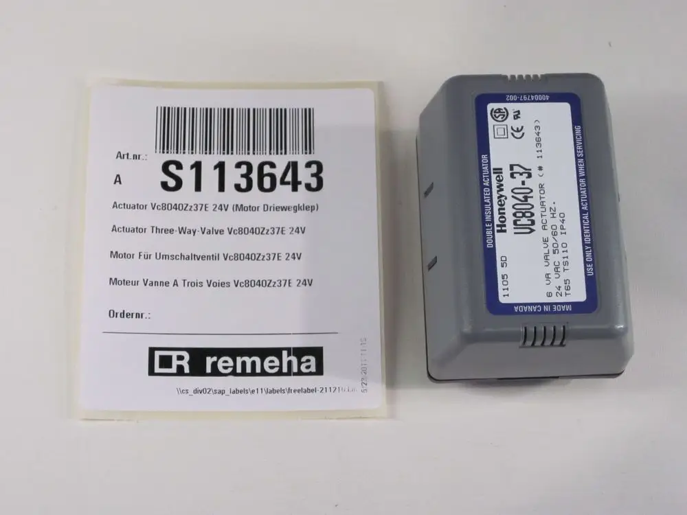 Motor für ein 3-Wegeventil, 24V, Markenlabel von Remeha, mit technischem Aufdruck und Barcode.
